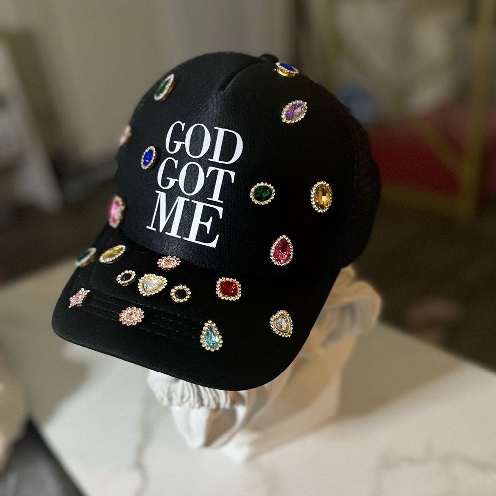 Embellished Black Cap with Multicolor Gems